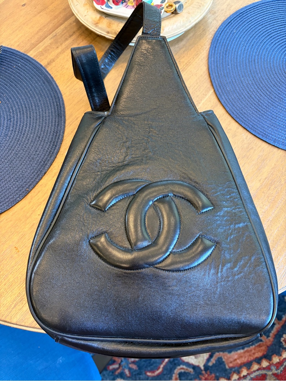 Black Leather Shoulder Bag with Interlocking Logo